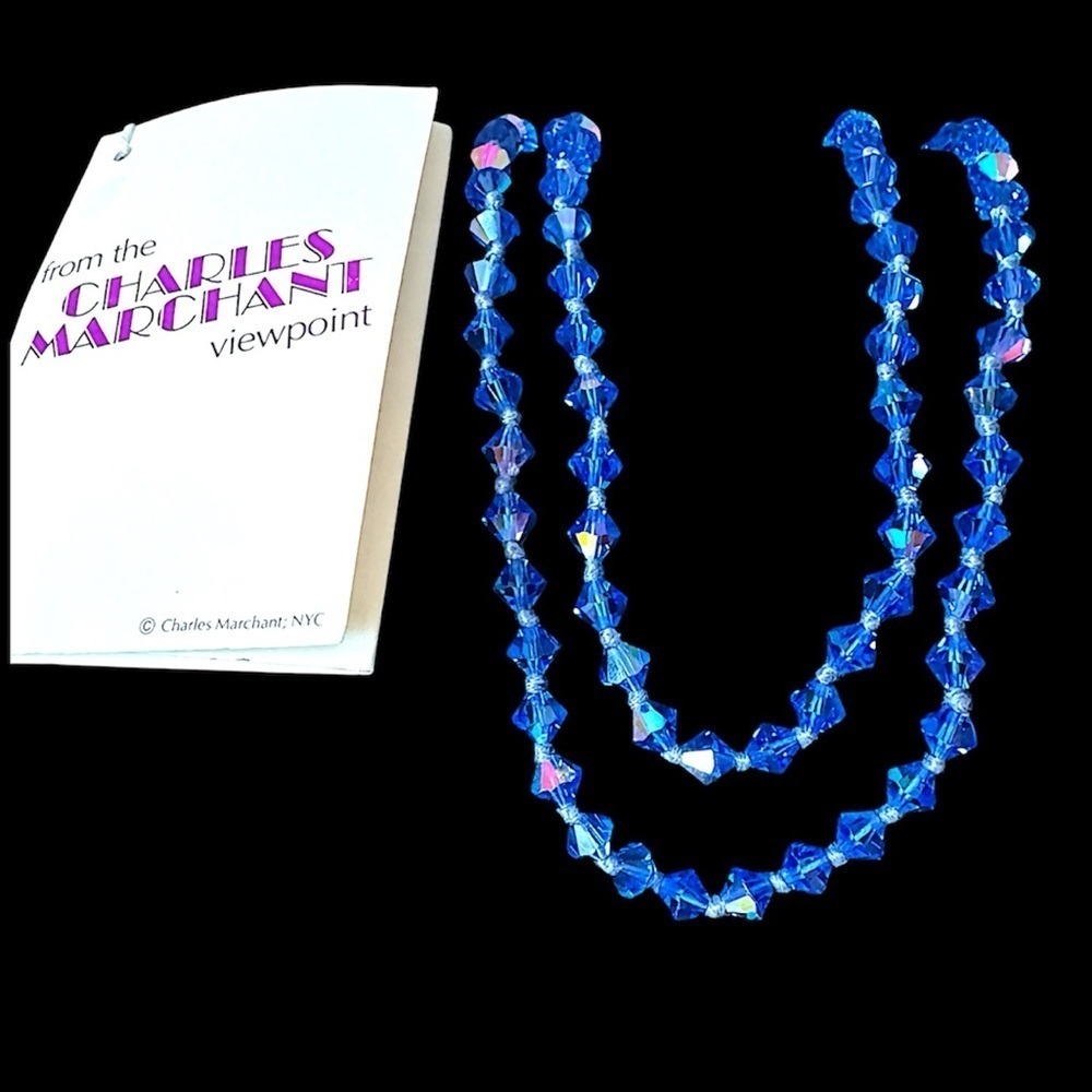 Vintage Charles Marchant Blue Aurora Crystal Hand Cut Long Opera Bead Necklace